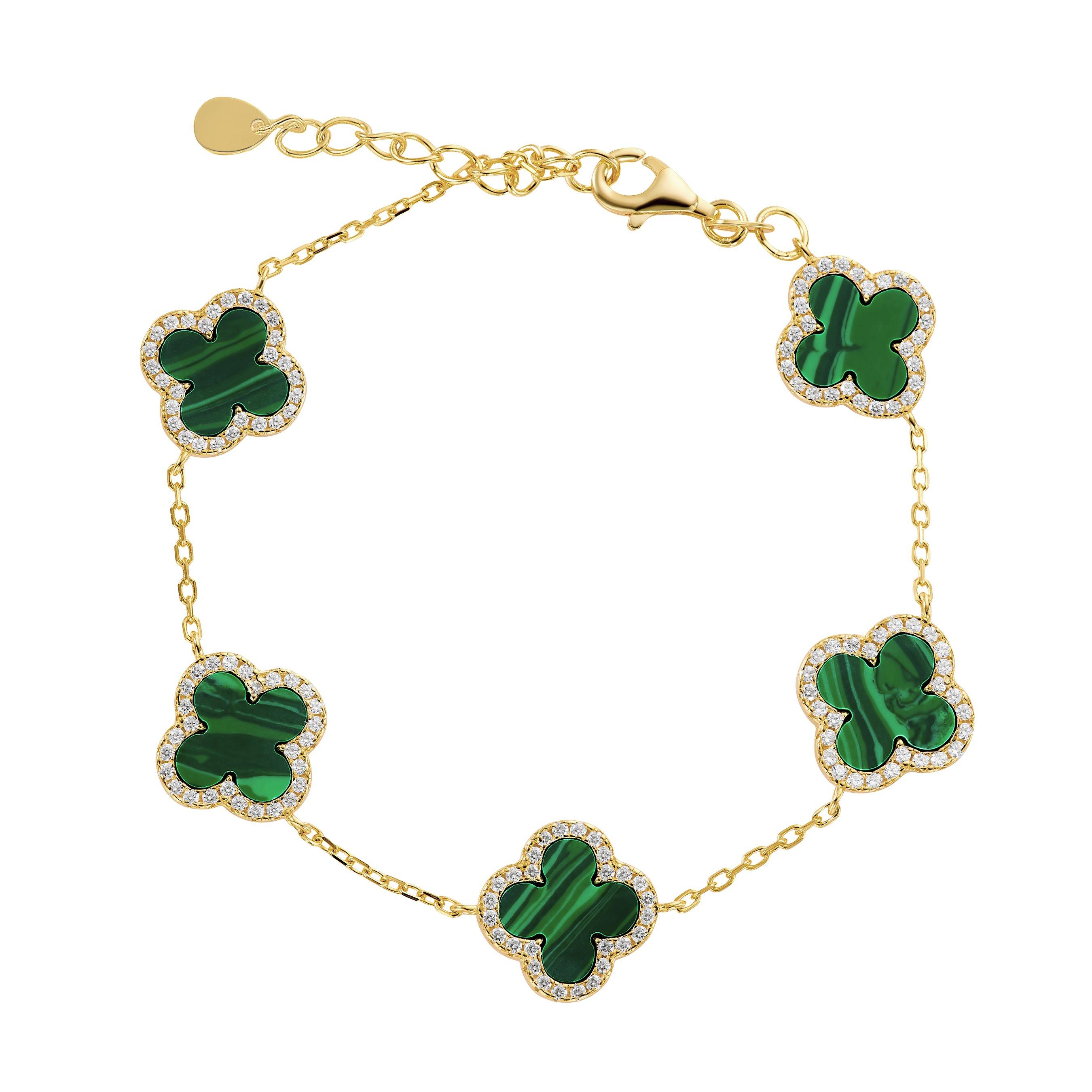 Yellow Gold Plated Cubic Zirconia Malachite Clover Bracelet