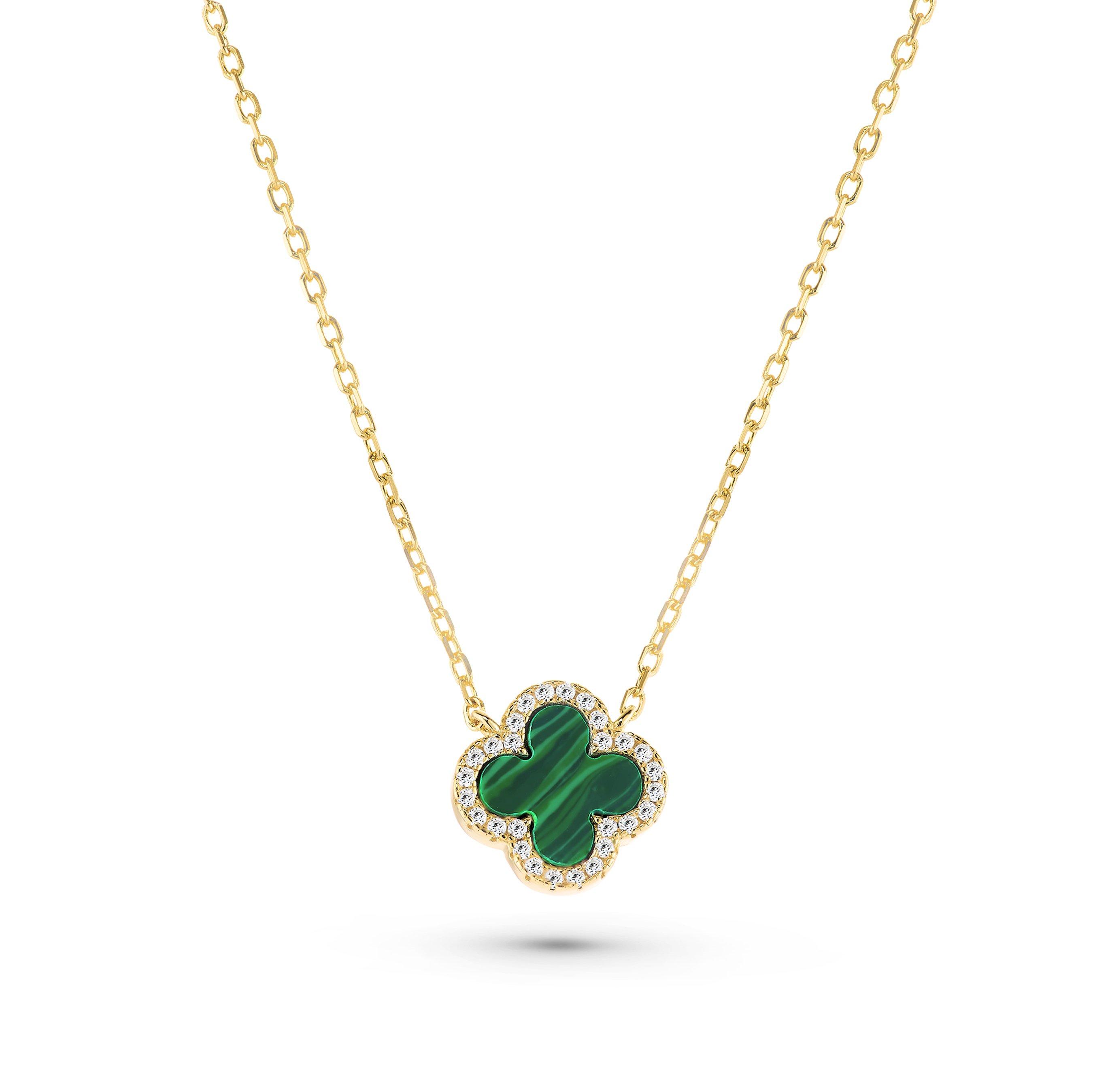 Yellow Gold Plated Cubic Zirconia Malachite Clover Necklace