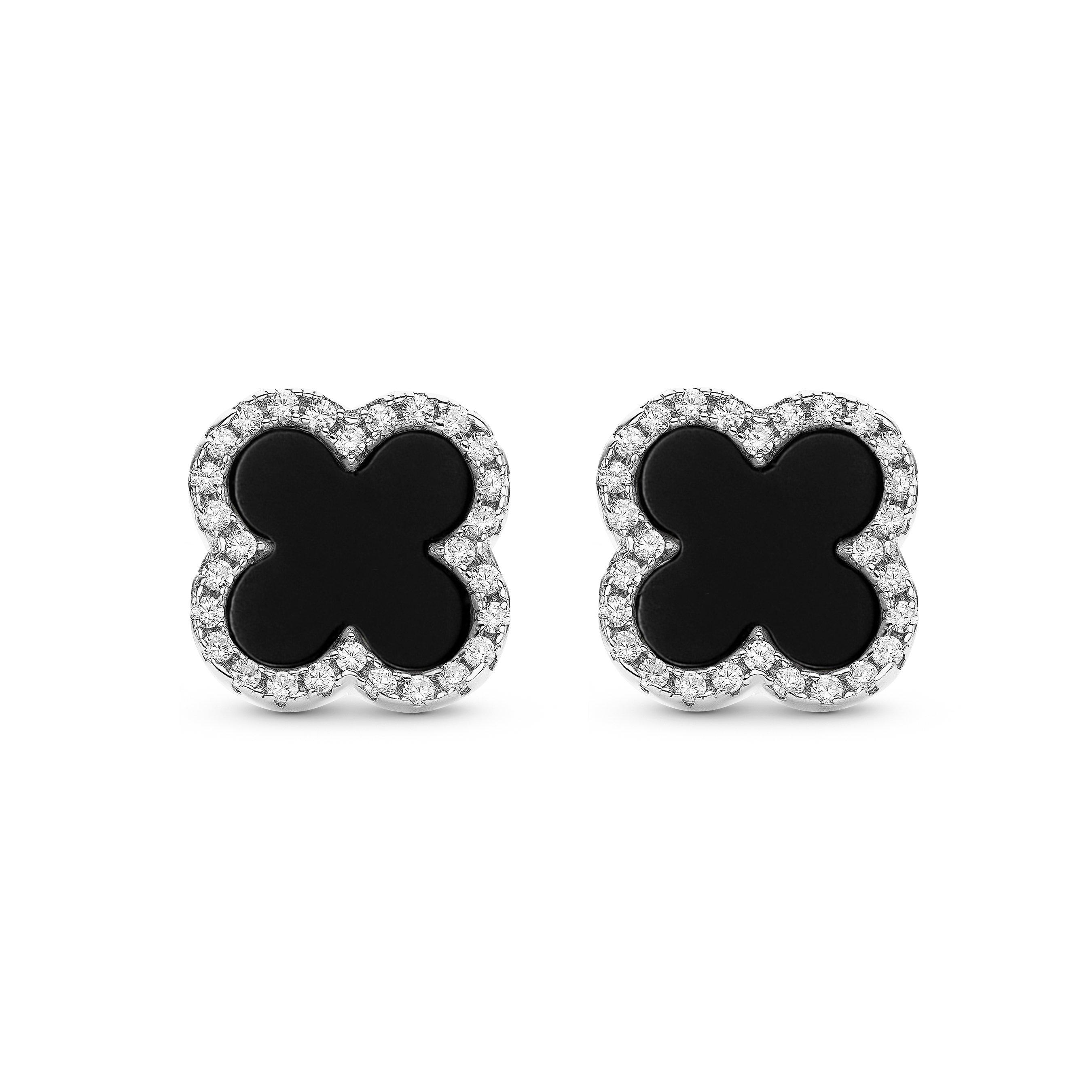 Silver Cubic Zirconia Onyx Clover Earrings