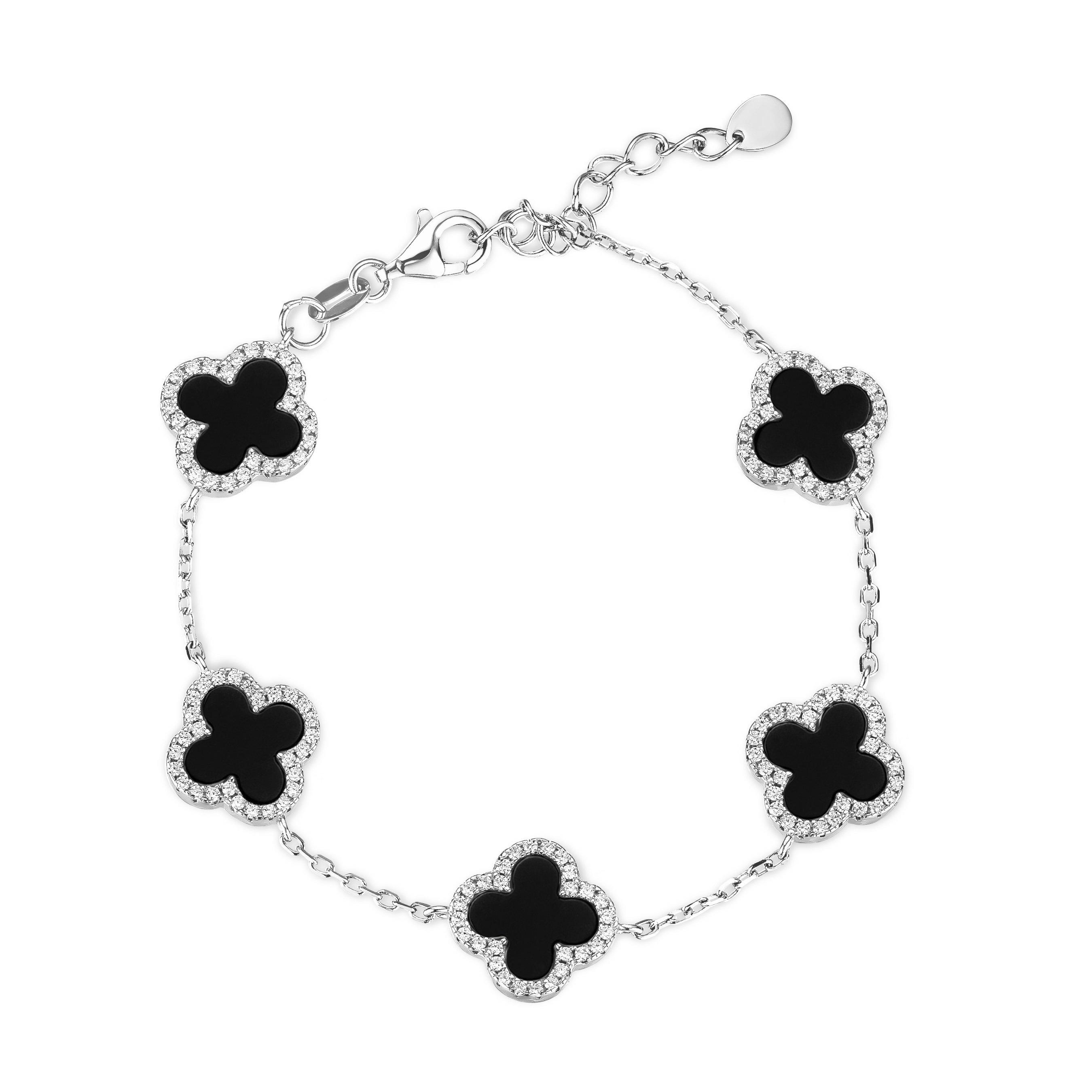 Silver Cubic Zirconia Onyx Clover Bracelet