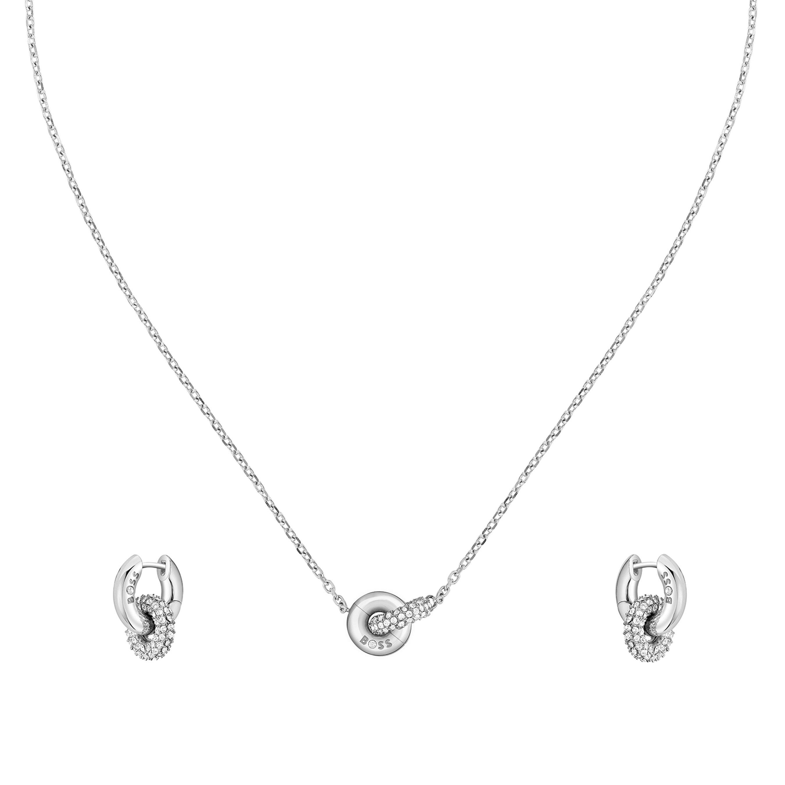 BOSS Stainless Steel Crystal Necklace and Earrings Set