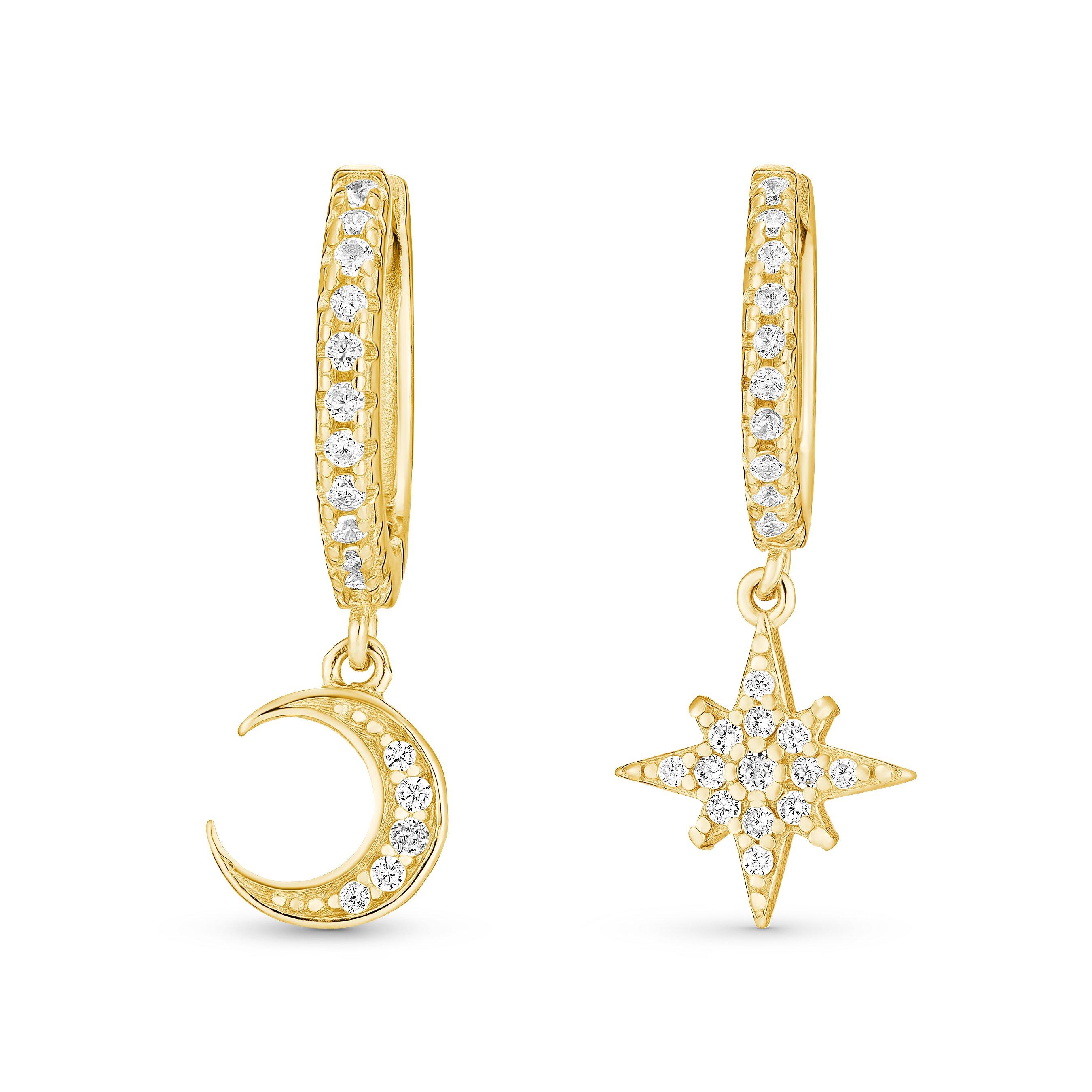 Beaverbrooks Yellow Gold Plated Cubic Zirconia Celestial Moon and Star Hoop Earrings
