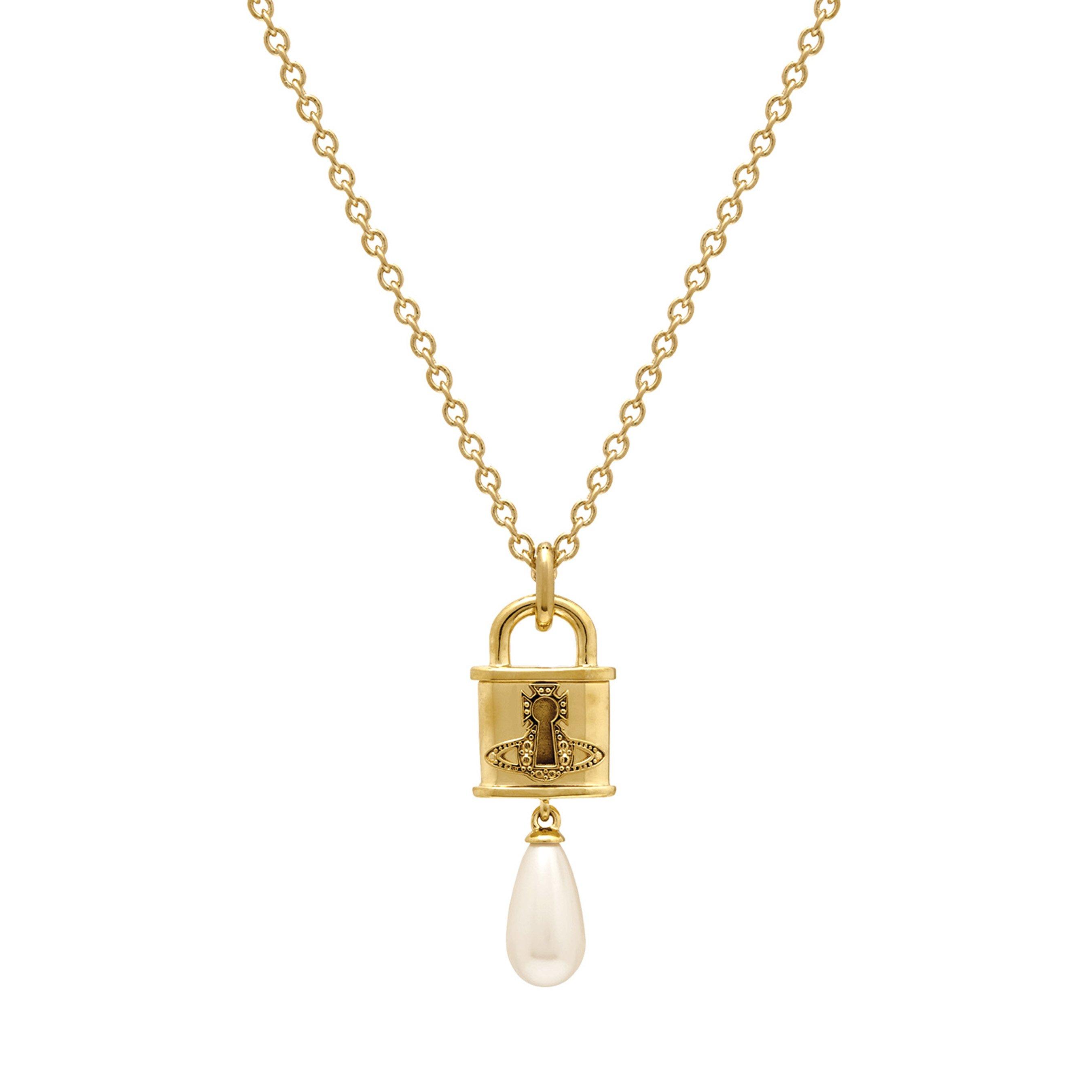 Vivienne Westwood Celestia Yellow Gold Tone Pearl Padlock Pendant
