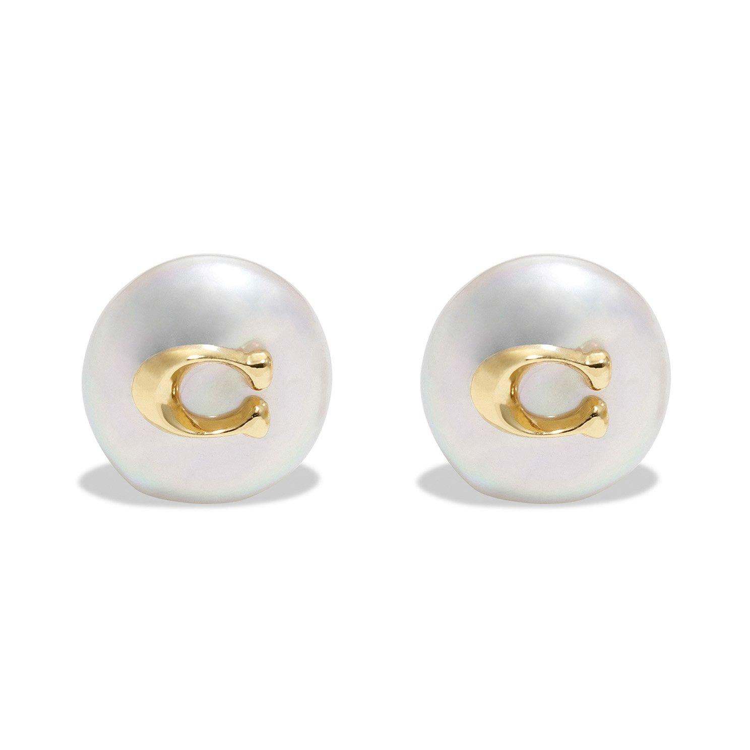 COACH Signature C Yellow Gold Tone Freshwater Pearl Stud Earrings