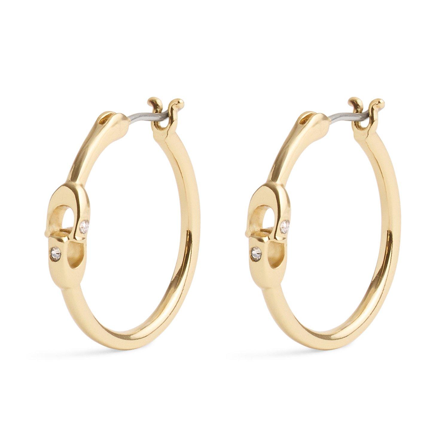 Coach Signature C Yellow Gold Tone Cubic Zirconia Hoop Earrings