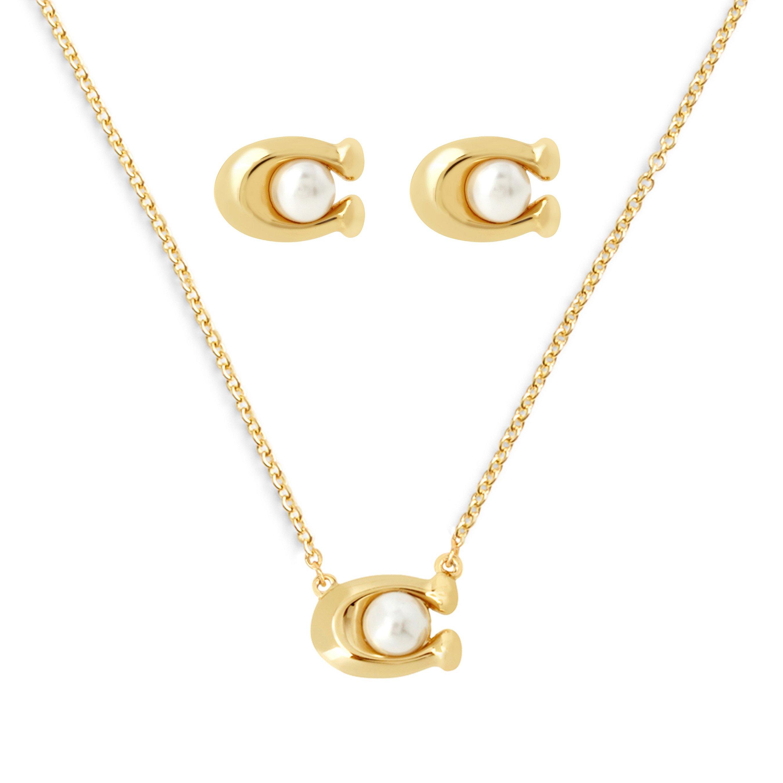 Coach Timeless Sets Yellow Gold Tone Pearl Necklace and Earrings Set
