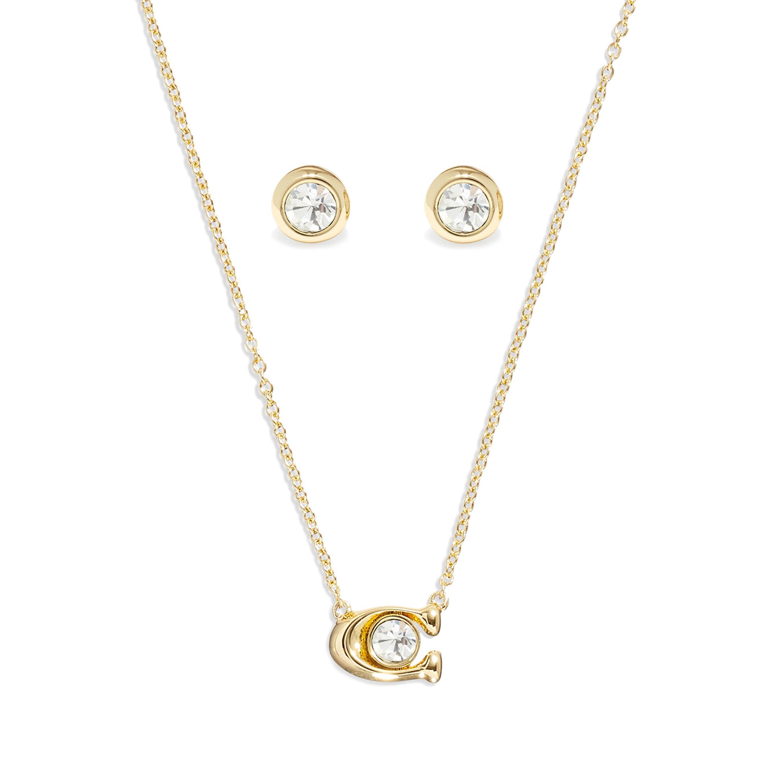 Coach Timeless Sets Yellow Gold Tone Cubic Zirconia Necklace and Earrings Set