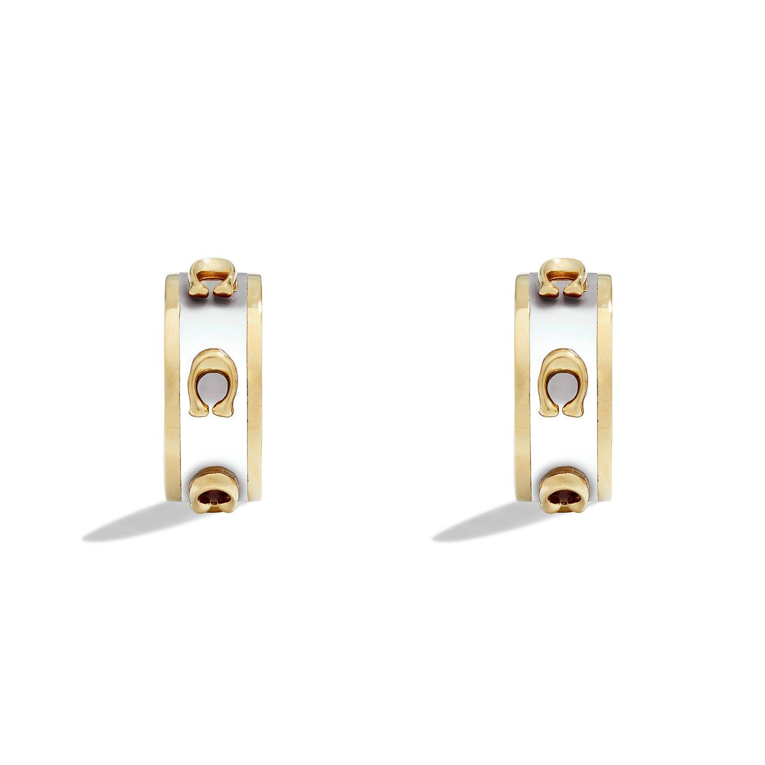 Coach Enamel Signature C Yellow Gold Tone Hoop Earrings