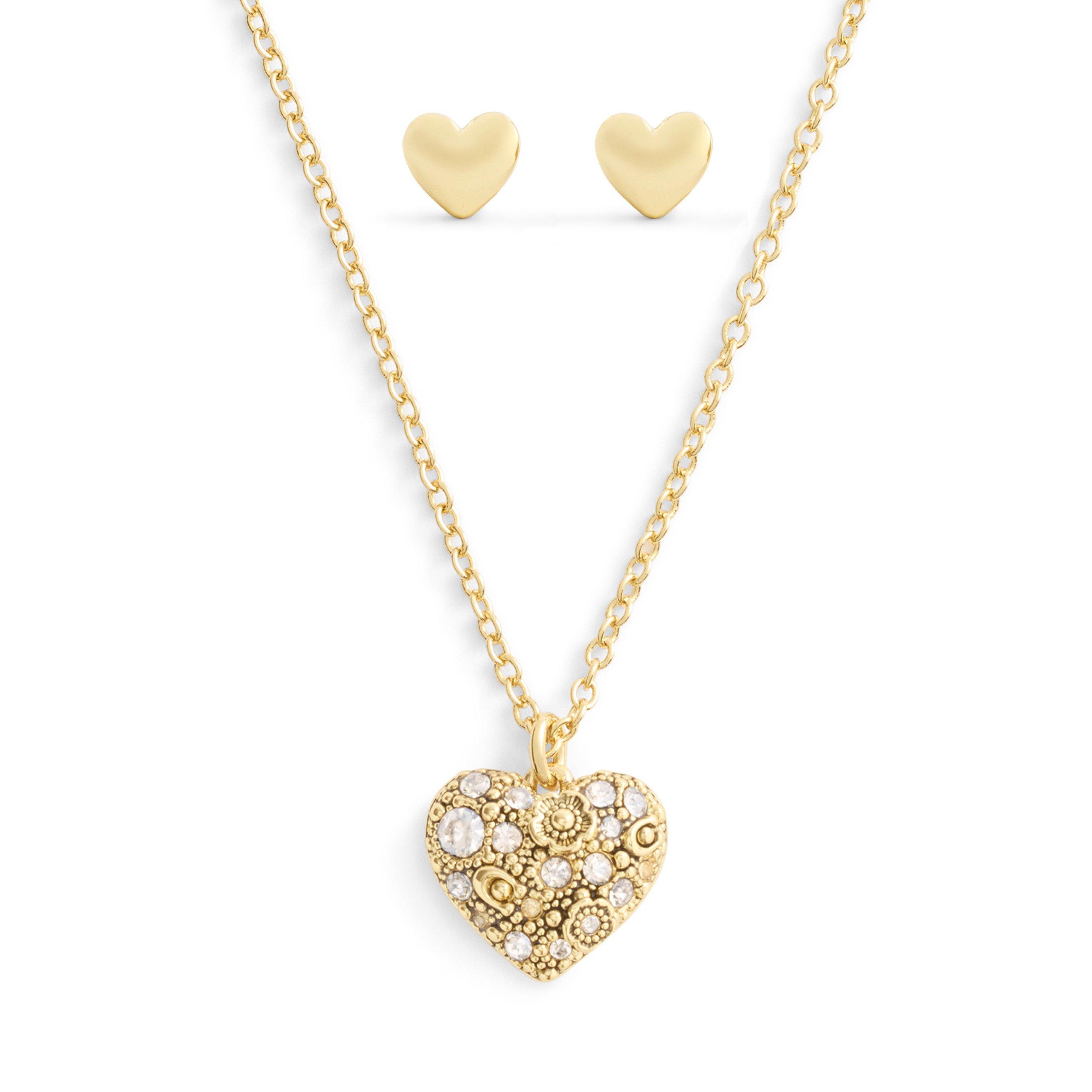 Coach Yellow Gold Tone Cubic Zirconia Heart Pendant and Earrings Set