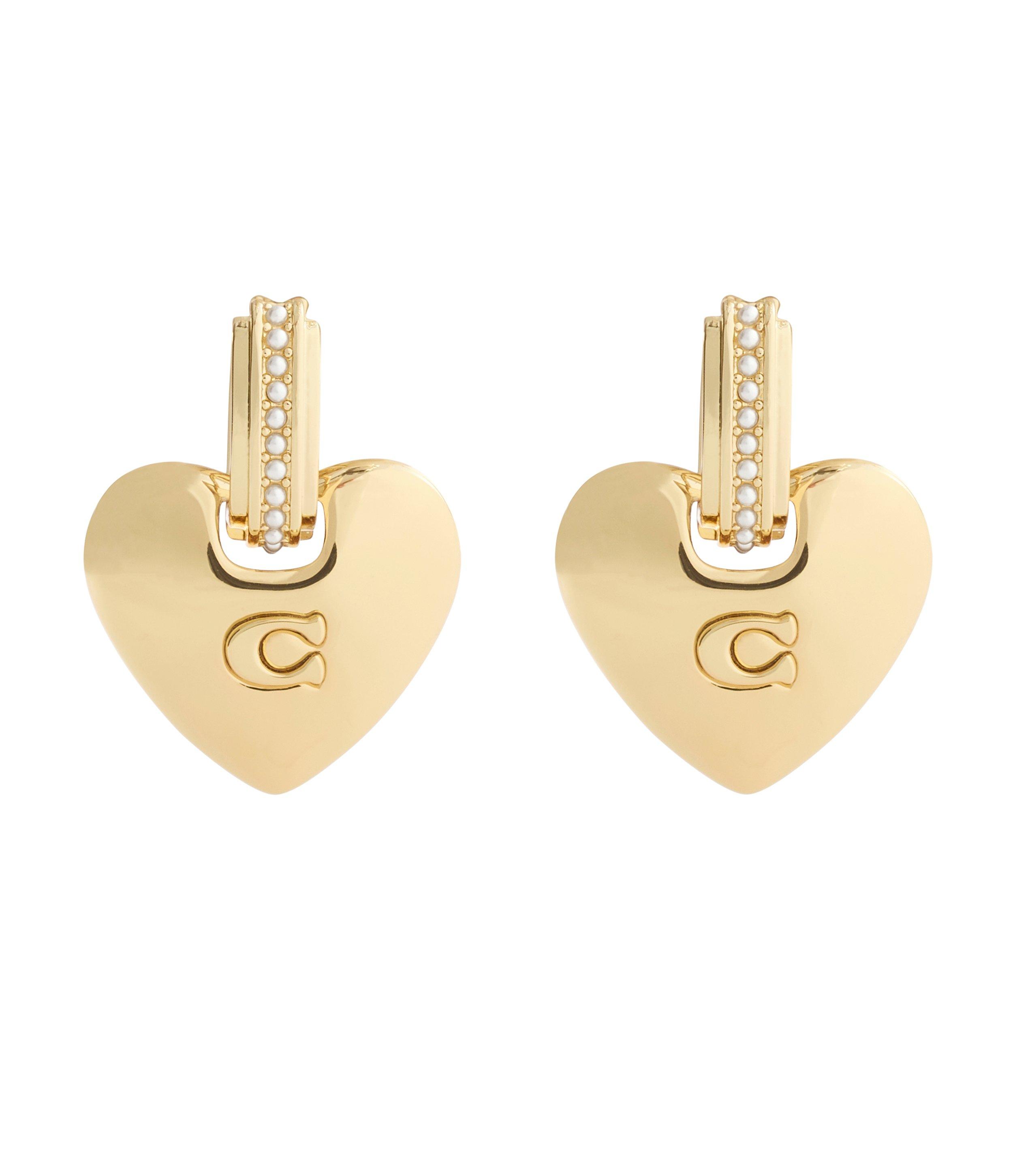 Coach Yellow Gold Tone Heart Hoop Drop Earrings