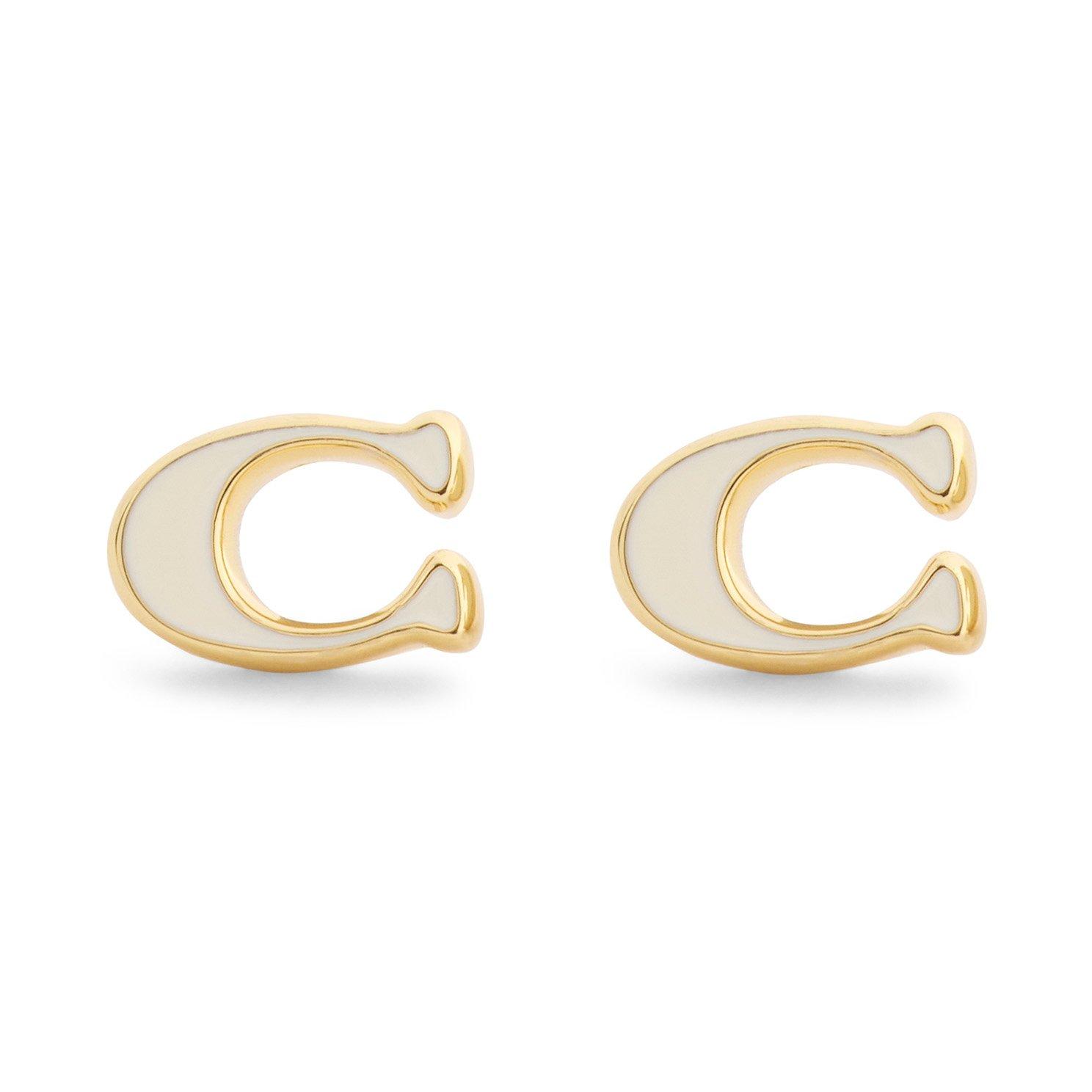 Coach Yellow Gold Tone White Enamel Stud Earrings