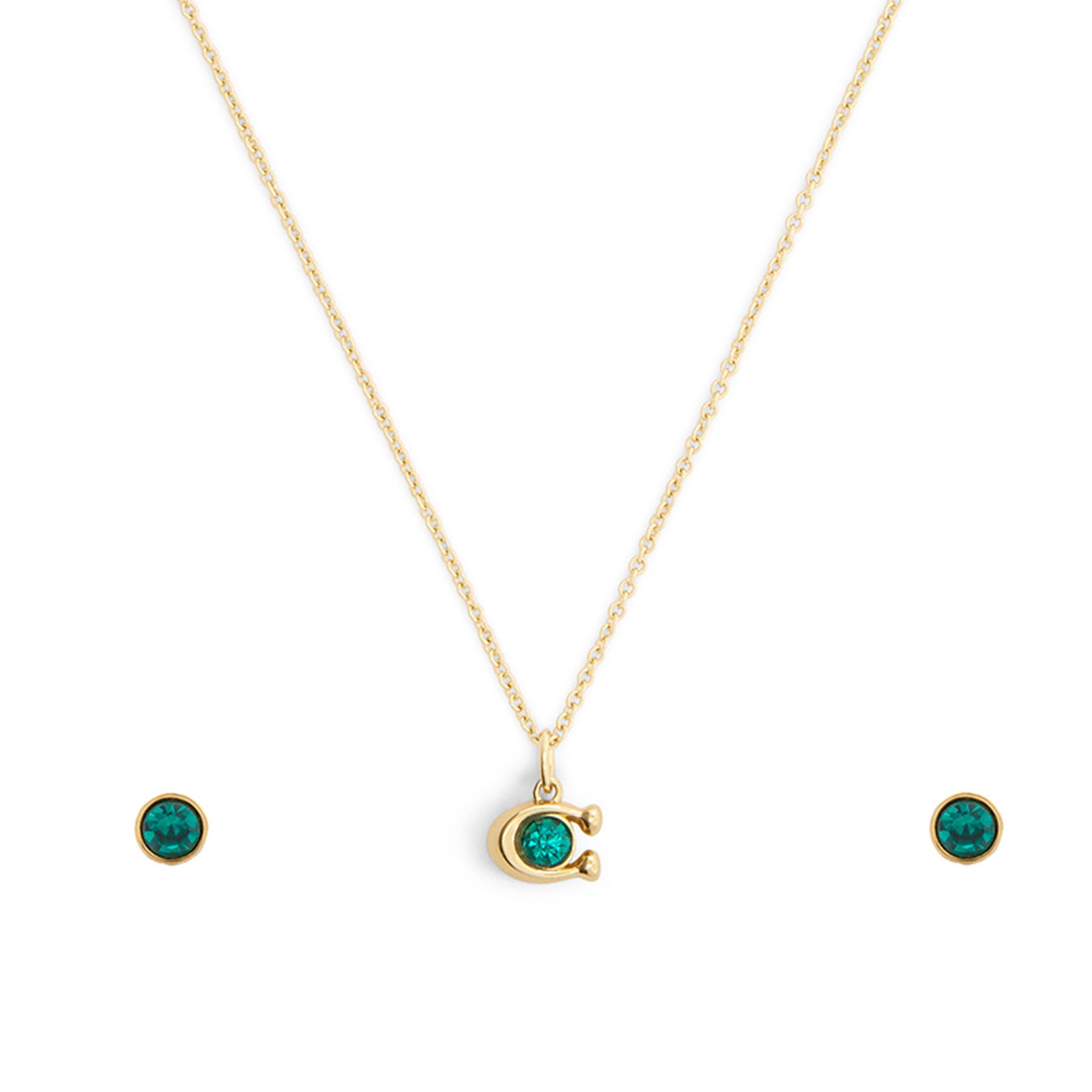 Coach Yellow Gold Tone Green Crystal Necklace and Earrings Set