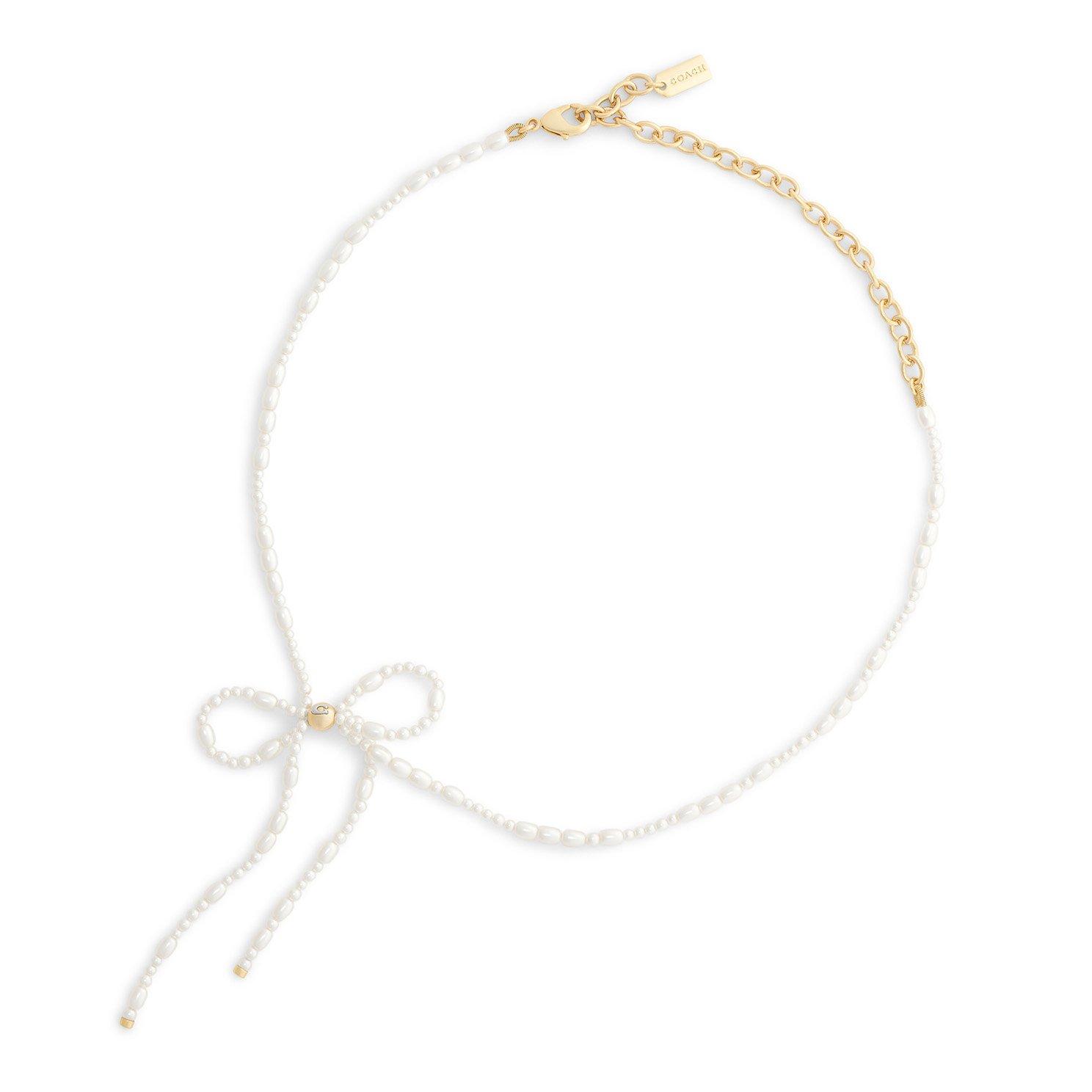 Coach Yellow Gold Tone Pearl Bow Choker Necklace
