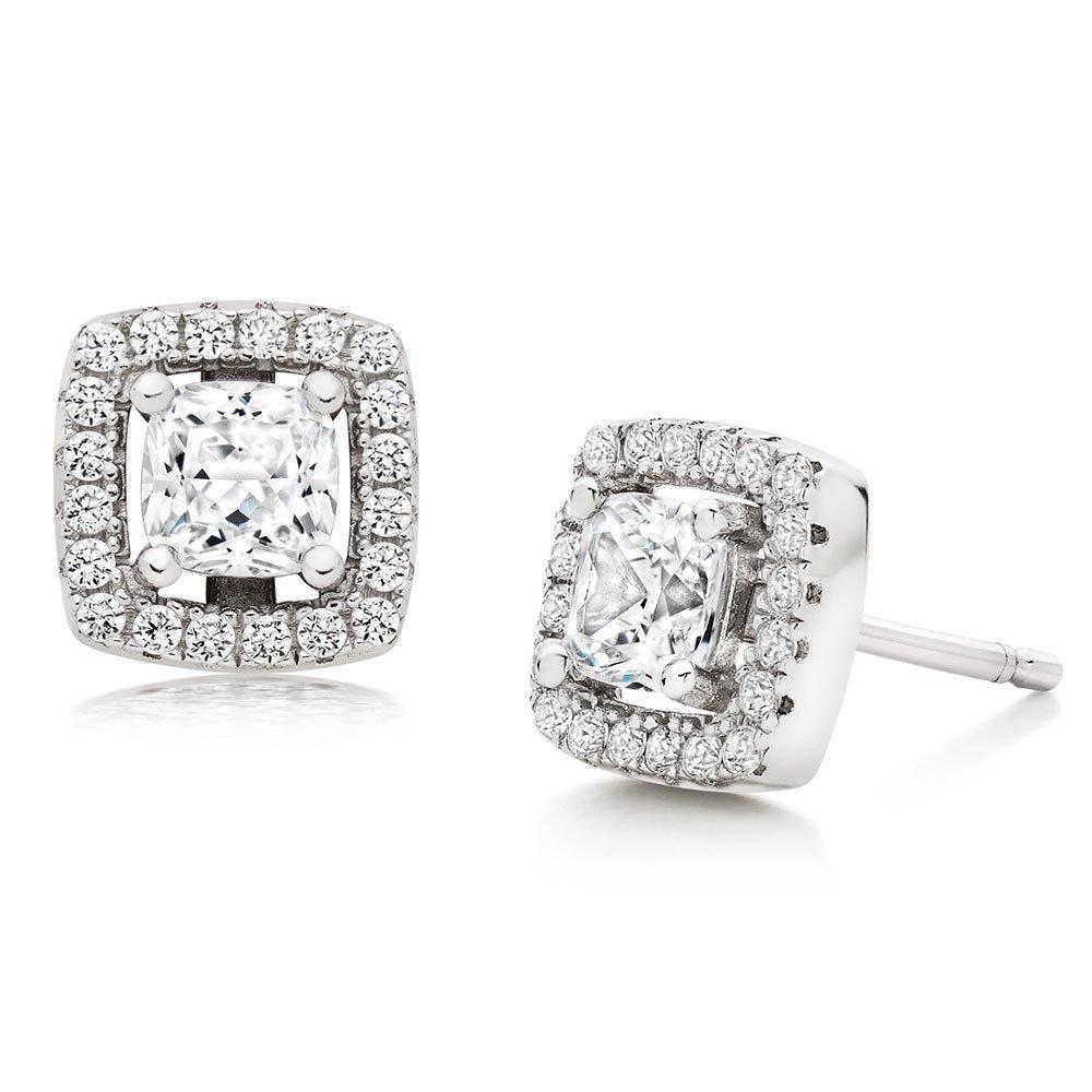 Silver Cubic Zirconia Princess Cut Halo Stud Earrings