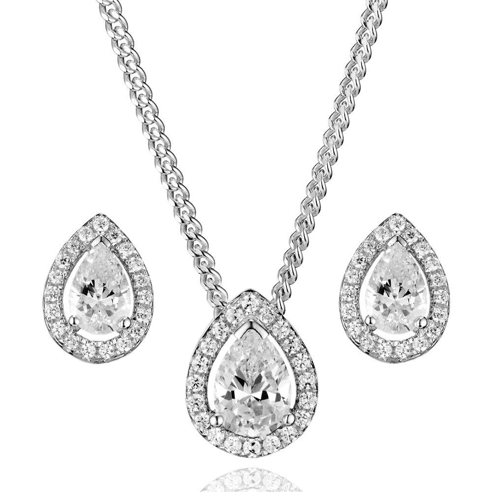 Silver Cubic Zirconia Pear Shaped Halo Pendant and Earrings Set