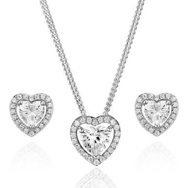 Silver Cubic Zirconia Heart Halo Pendant and Earrings Set