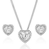 Silver Cubic Zirconia Heart Halo Pendant and Earrings Set
