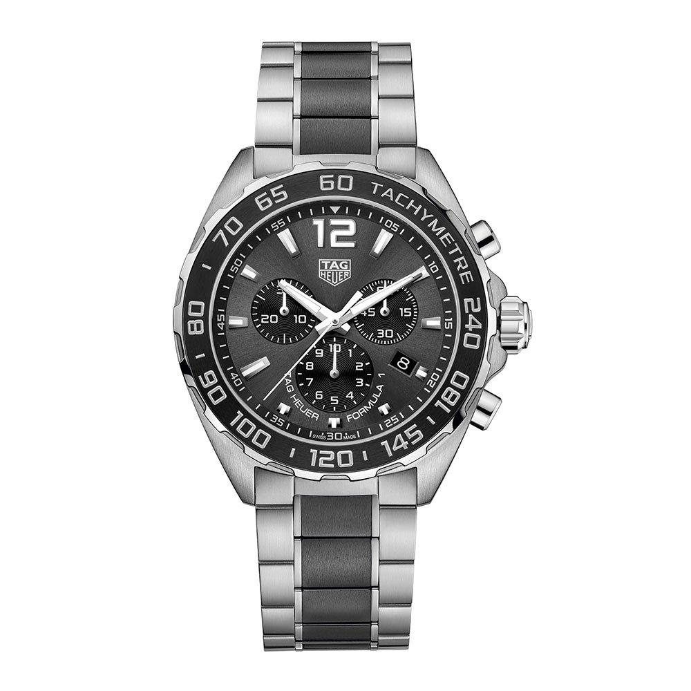 TAG Heuer Pre-Owned Formula 1 Quartz Men's Grey Steel and Black Ceramic Chronograph 43mm Watch