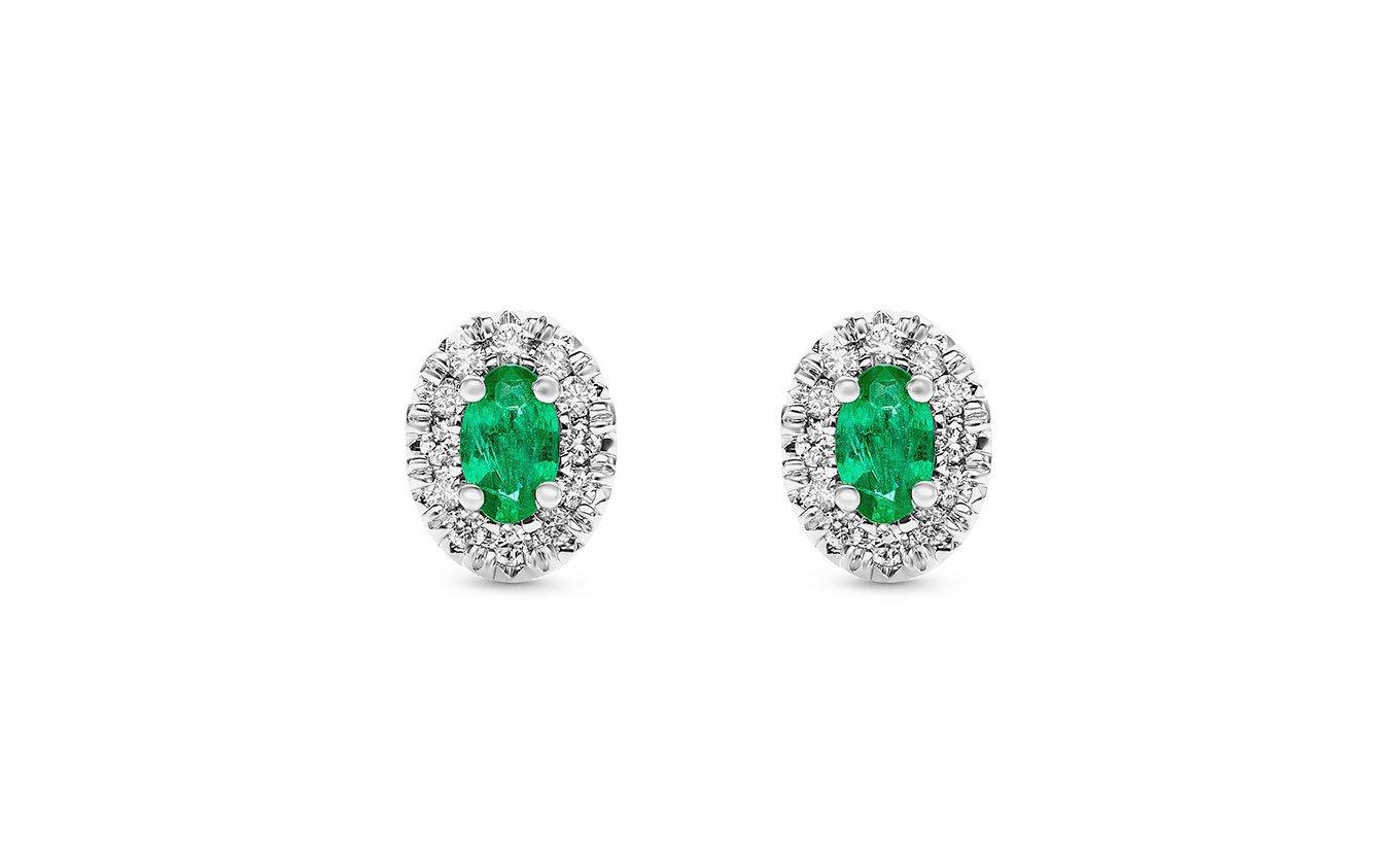 18ct White Gold Diamond Emerald Halo Earrings